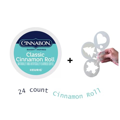 Cinnabon Sweet and Creamy Cinnamon Roll Coffee, Classic Cinnamon Roll Keurig Single-Serve K-Cup Pods, Light Roast Coffee + Bonus coffee stencils latte art,1 box 24 count (ct) pods