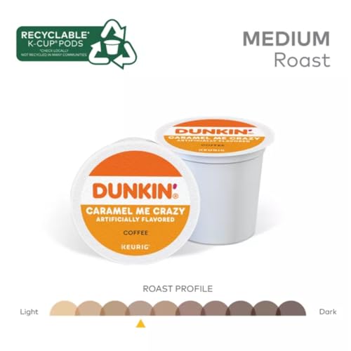 Dunkin Caramel Me Crazy K Cups, Bundle with Coffee Stencils, Dunkin' Donuts Medium Roast Single-Serve Flavored KCup Pods for Keurig Brewers, 1 box 24 count (ct) pods + Bonus coffee stencils latte art