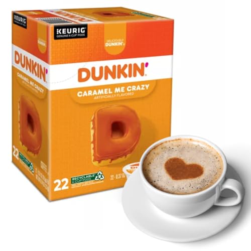 Dunkin Caramel Me Crazy K Cups, Bundle with Coffee Stencils, Dunkin' Donuts Medium Roast Single-Serve Flavored KCup Pods for Keurig Brewers, 1 box 24 count (ct) pods + Bonus coffee stencils latte art