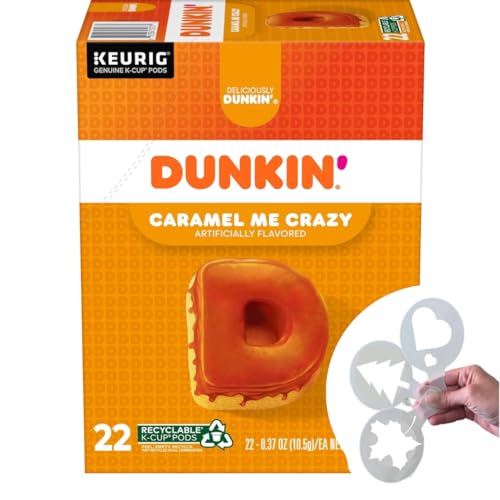 Dunkin Caramel Me Crazy K Cups, Bundle with Coffee Stencils, Dunkin' Donuts Medium Roast Single-Serve Flavored KCup Pods for Keurig Brewers, 1 box 24 count (ct) pods + Bonus coffee stencils latte art