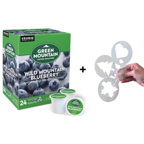 Blueberry K Cups Bundle with Coffee Stencils, Single-Serve Wild Blue Berry Flavored Light Roast KCups for Keurig Brewers, Green Mountain Blueberry, 1 box 24 count (ct) pods + Bonus coffee stencils latte art