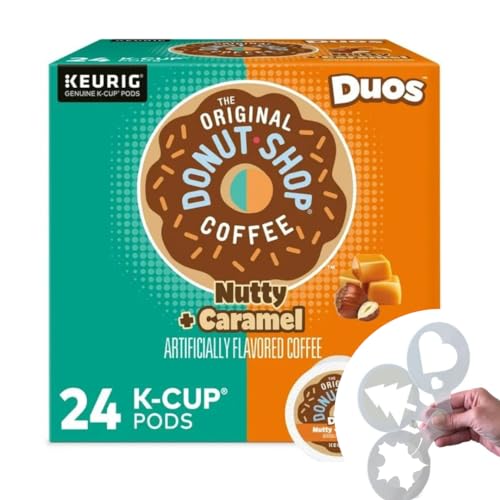 Nutty + Caramel Coffee Duos K Cup Donut Shop Flavored Coffee Pods Bundle with coffee stencils, Medium Roast Coffee, 1 box 24 count (ct) pods + Bonus coffee stencils latte art