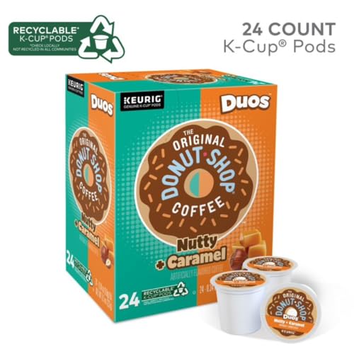 Nutty + Caramel Coffee Duos K Cup Donut Shop Flavored Coffee Pods Bundle with coffee stencils, Medium Roast Coffee, 1 box 24 count (ct) pods + Bonus coffee stencils latte art