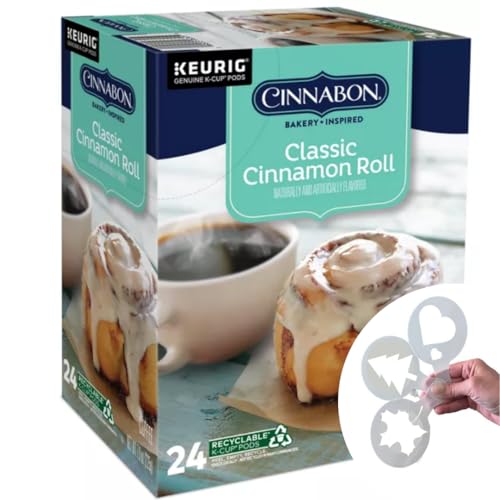 Cinnabon Sweet and Creamy Cinnamon Roll Coffee, Classic Cinnamon Roll Keurig Single-Serve K-Cup Pods, Light Roast Coffee + Bonus coffee stencils latte art,1 box 24 count (ct) pods