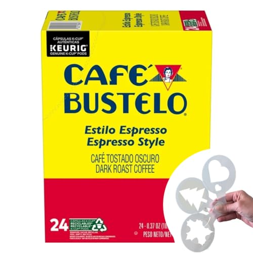 Cafe Bustelo Espresso K cups Bundle with Coffee Stencils, Single-Serve Dark Roast Estilo, Espresso Style Coffee for Keurig Brewers 1 box 24 count (ct) pods + Bonus coffee stencils latte art