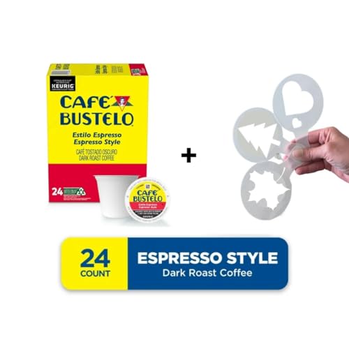 Cafe Bustelo Espresso K cups Bundle with Coffee Stencils, Single-Serve Dark Roast Estilo, Espresso Style Coffee for Keurig Brewers 1 box 24 count (ct) pods + Bonus coffee stencils latte art