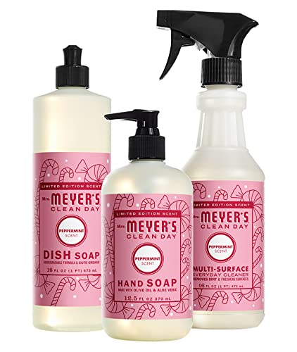 Mrs. Meyer's Kitchen Set, Dish Soap, Hand Soap, and Multi-Surface Cleaner, 3 CT (Peppermint)