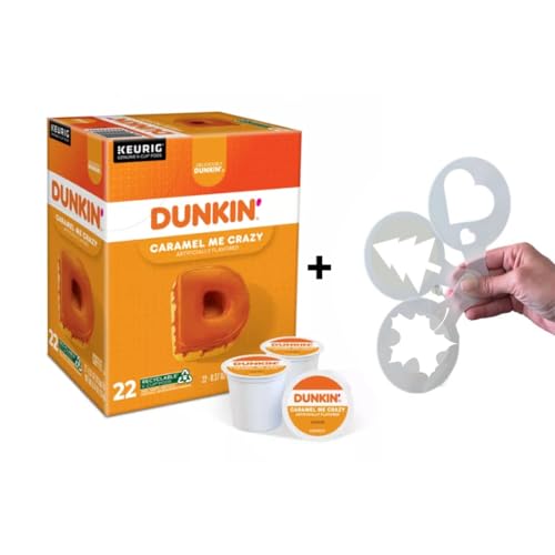 Dunkin Caramel Me Crazy K Cups, Bundle with Coffee Stencils, Dunkin' Donuts Medium Roast Single-Serve Flavored KCup Pods for Keurig Brewers, 1 box 24 count (ct) pods + Bonus coffee stencils latte art