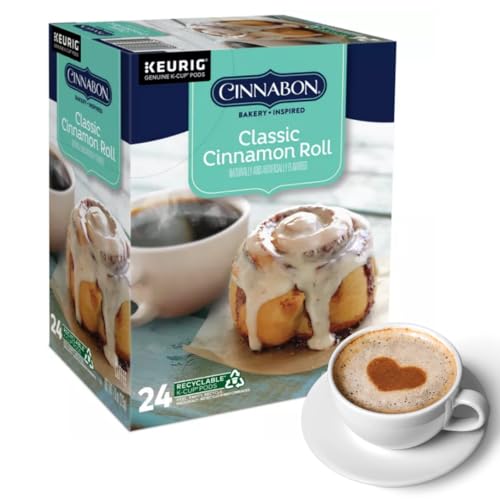 Cinnabon Sweet and Creamy Cinnamon Roll Coffee, Classic Cinnamon Roll Keurig Single-Serve K-Cup Pods, Light Roast Coffee + Bonus coffee stencils latte art,1 box 24 count (ct) pods