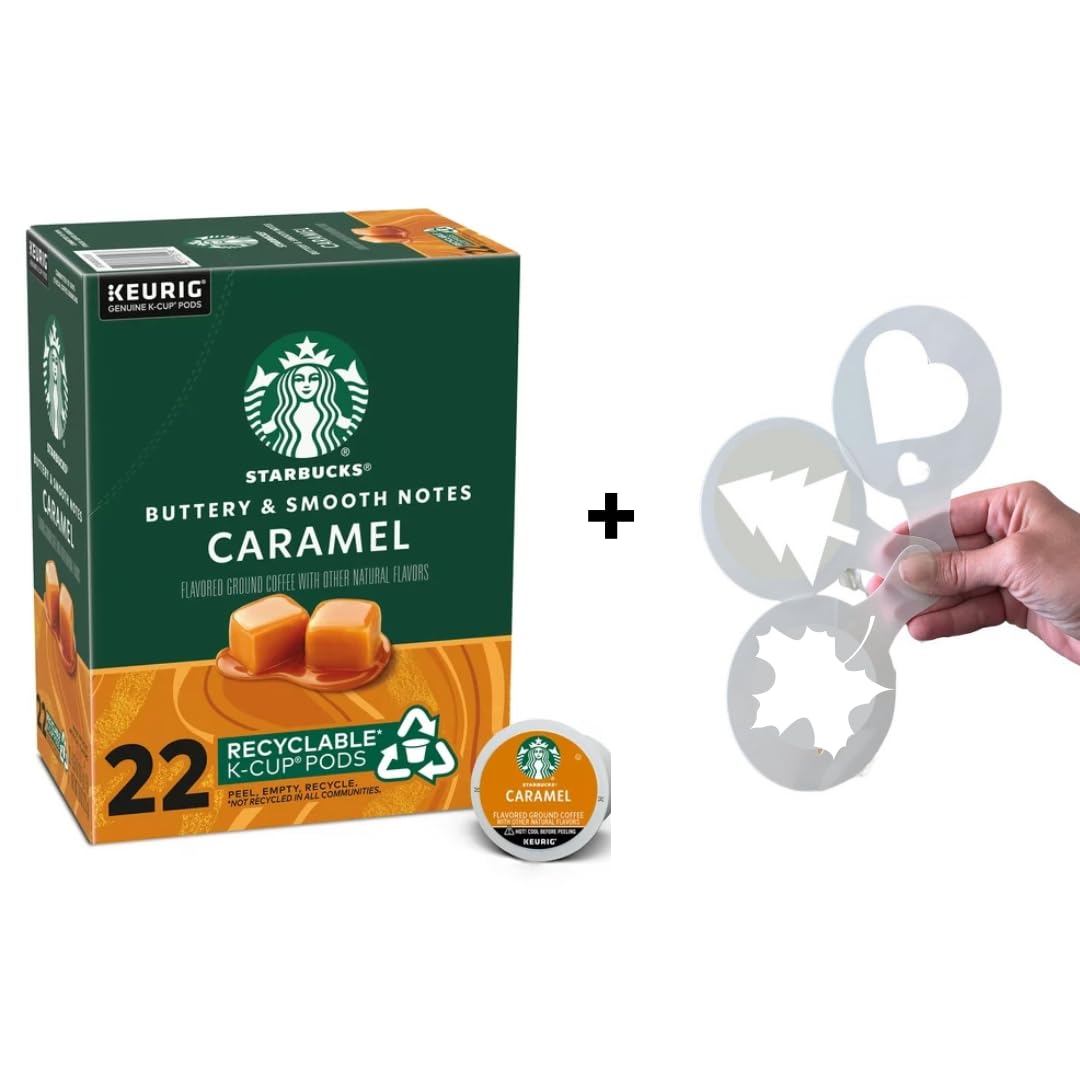 Caramel Flavored Starbucks K-Cup Coffee Pods, Bundle with Coffee Stencils, Single-Serve Keurig K-Cup Pods 1 box 22 count (ct) pods + Bonus coffee stencils latte art