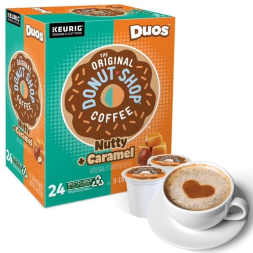 Nutty + Caramel Coffee Duos K Cup Donut Shop Flavored Coffee Pods Bundle with coffee stencils, Medium Roast Coffee, 1 box 24 count (ct) pods + Bonus coffee stencils latte art