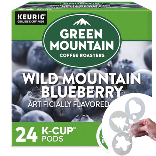 Blueberry K Cups Bundle with Coffee Stencils, Single-Serve Wild Blue Berry Flavored Light Roast KCups for Keurig Brewers, Green Mountain Blueberry, 1 box 24 count (ct) pods + Bonus coffee stencils latte art