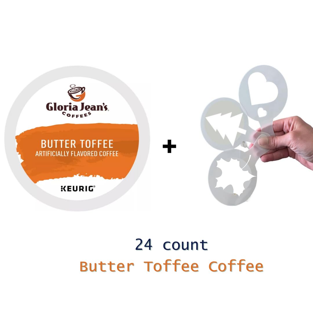 Gloria Jean's Butter Toffee Coffee, Keurig Single-Serve K-Cup Pods, Medium Roast Coffee, Bundle with coffee stencils,1 box 24 count (ct) pods + Bonus coffee stencils latte art