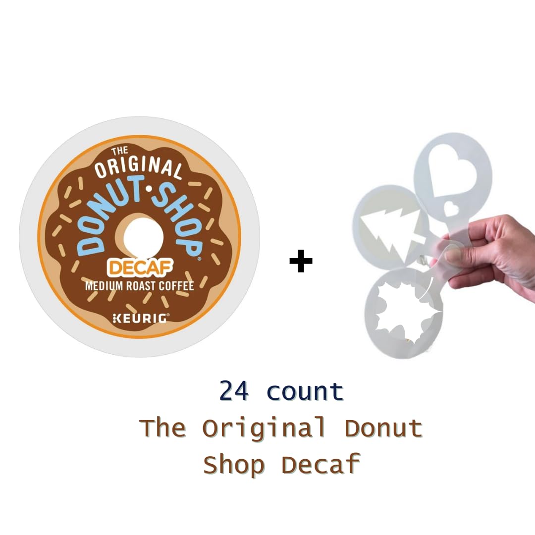 Donut Shop Decaf, K-Cup Pods, Medium Roast, 24 Count For Keurig Brewers & Bonus coffee stencils latte art, Medium Roast Decaffeinated Coffee, 1 box 24 count (ct) pods