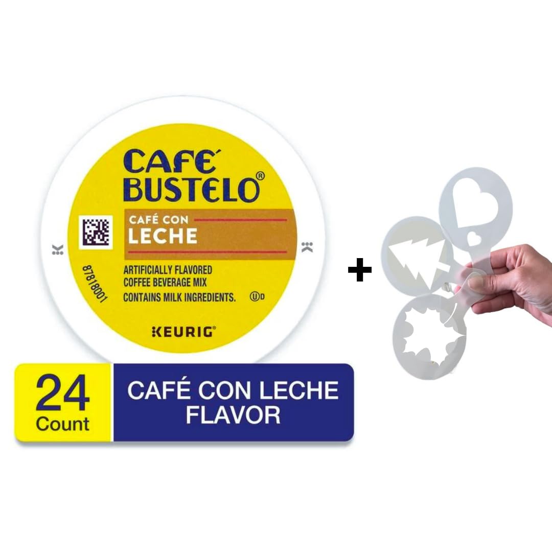 Cafe Bustelo Sweet & Creamy Cafe con Leche Coffee Drink, Medium Roast Keurig K-Cup Pods + Bonus coffee stencils latte art,1 box 24 count (ct) pods