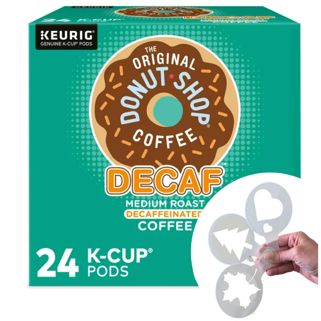 Donut Shop Decaf, K-Cup Pods, Medium Roast, 24 Count For Keurig Brewers & Bonus coffee stencils latte art, Medium Roast Decaffeinated Coffee, 1 box 24 count (ct) pods