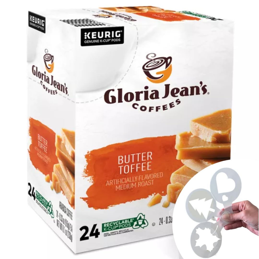 Gloria Jean's Butter Toffee Coffee, Keurig Single-Serve K-Cup Pods, Medium Roast Coffee, Bundle with coffee stencils,1 box 24 count (ct) pods + Bonus coffee stencils latte art