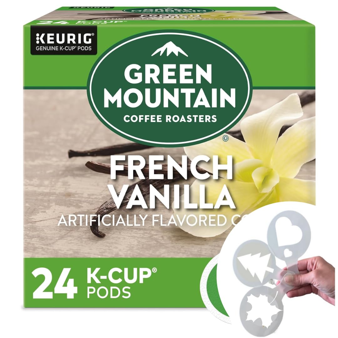 Coffee Roasters French Vanilla Bundle with coffee stencils, Single-Serve Keurig K-Cup Pods, Flavored Light Roast Coffee, 1 box 24 count (ct) pods + Bonus coffee stencils latte art