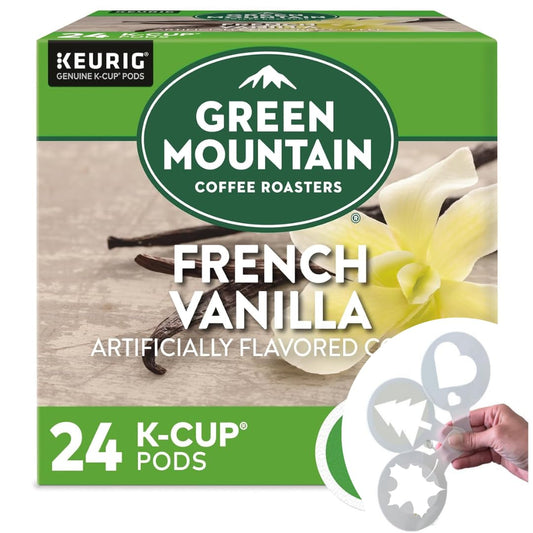 Coffee Roasters French Vanilla Bundle with coffee stencils, Single-Serve Keurig K-Cup Pods, Flavored Light Roast Coffee, 1 box 24 count (ct) pods + Bonus coffee stencils latte art