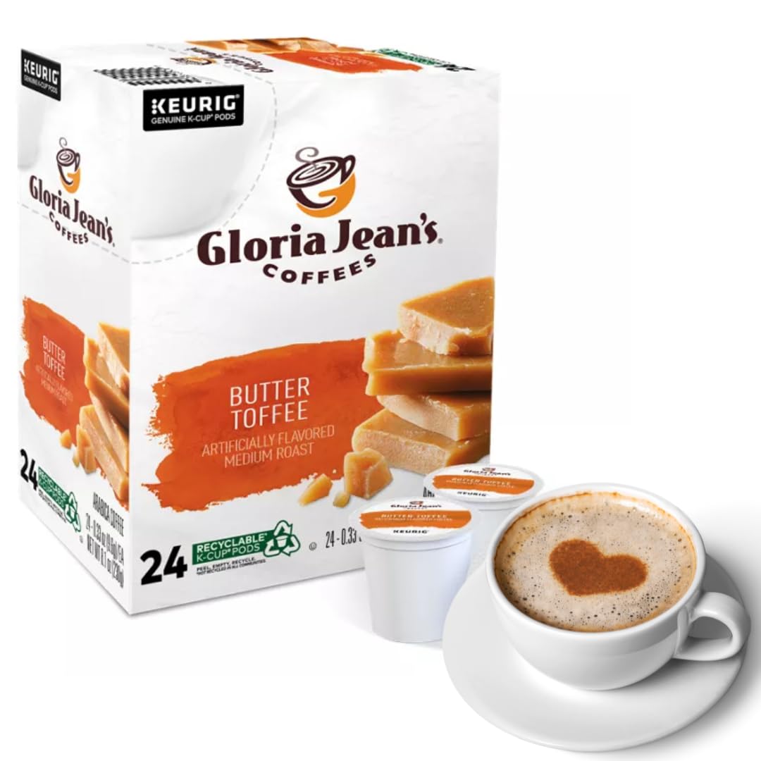 Gloria Jean's Butter Toffee Coffee, Keurig Single-Serve K-Cup Pods, Medium Roast Coffee, Bundle with coffee stencils,1 box 24 count (ct) pods + Bonus coffee stencils latte art