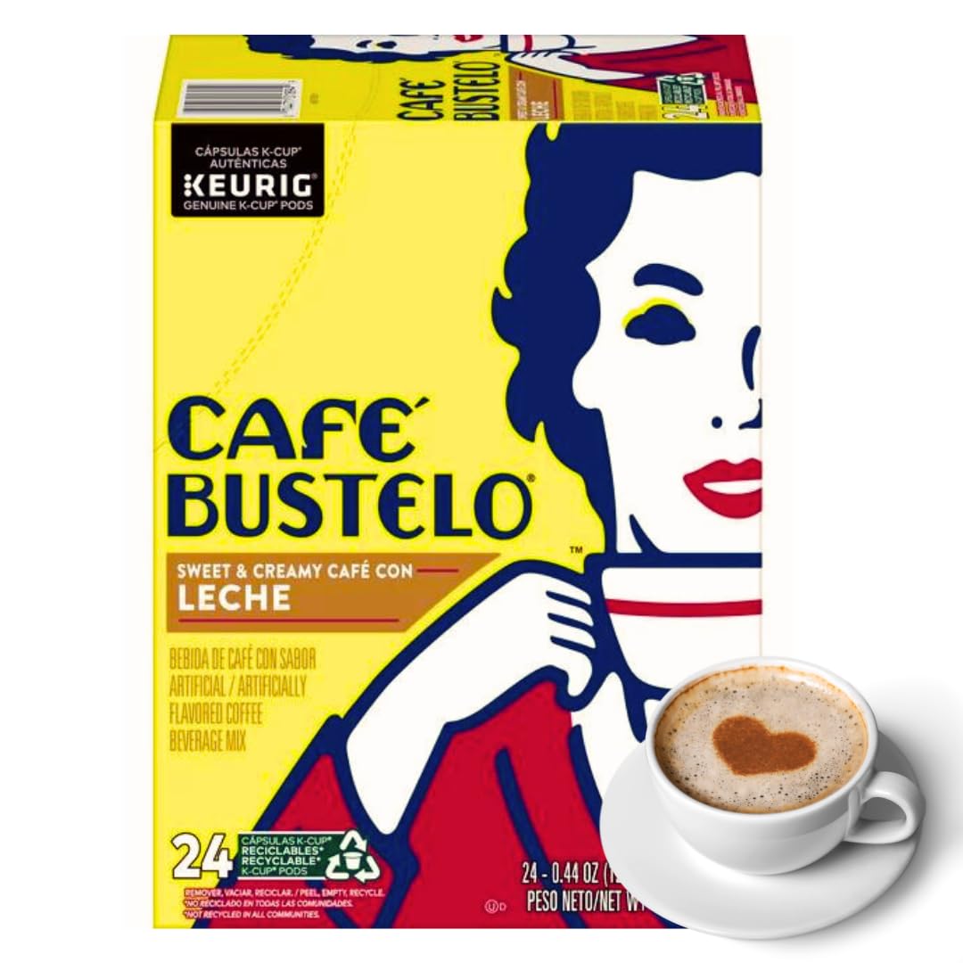 Cafe Bustelo Sweet & Creamy Cafe con Leche Coffee Drink, Medium Roast Keurig K-Cup Pods + Bonus coffee stencils latte art,1 box 24 count (ct) pods