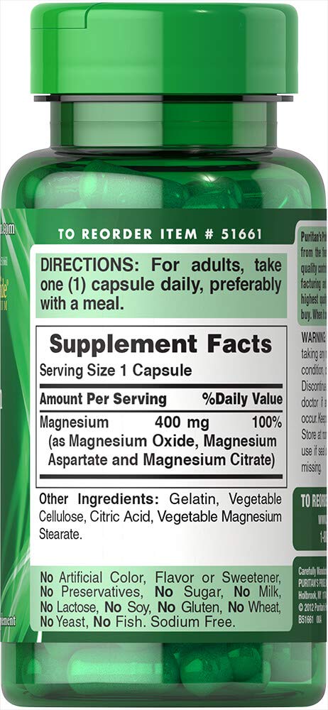 Puritan's Pride Triple Magnesium Complex 400 Mg Rapid Release Capsules, 60 Count