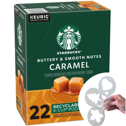 Caramel Flavored Starbucks K-Cup Coffee Pods, Bundle with Coffee Stencils, Single-Serve Keurig K-Cup Pods 1 box 22 count (ct) pods + Bonus coffee stencils latte art