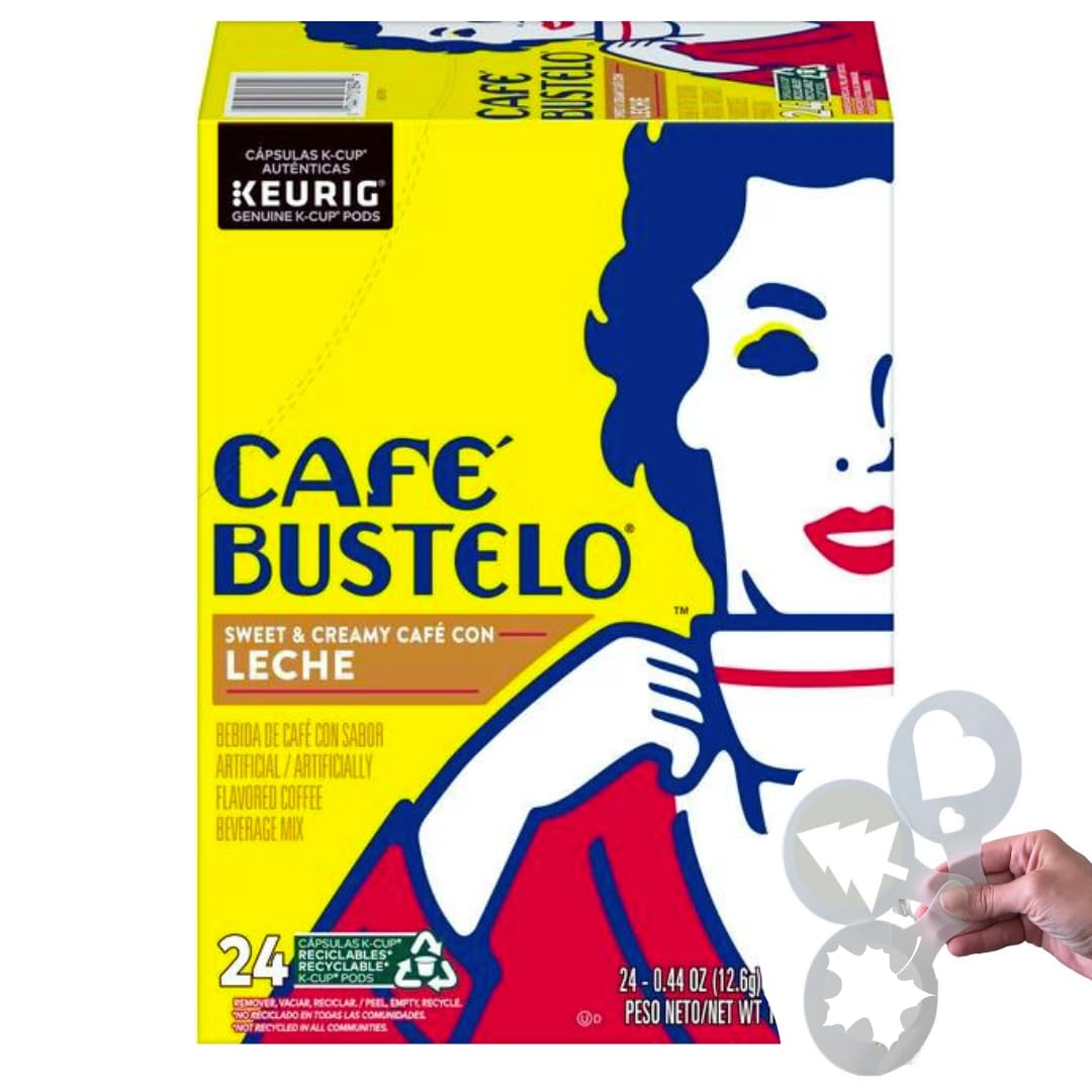 Cafe Bustelo Sweet & Creamy Cafe con Leche Coffee Drink, Medium Roast Keurig K-Cup Pods + Bonus coffee stencils latte art,1 box 24 count (ct) pods