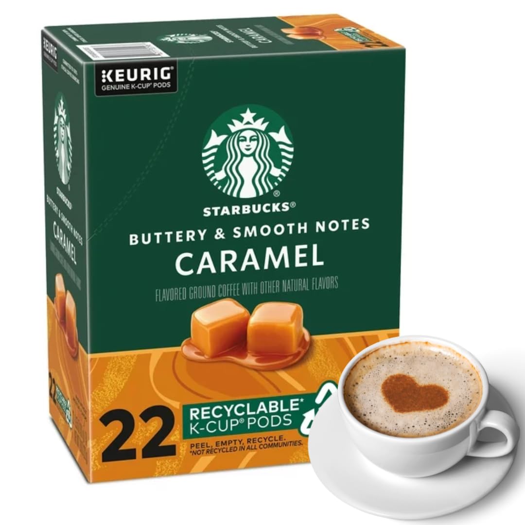 Caramel Flavored Starbucks K-Cup Coffee Pods, Bundle with Coffee Stencils, Single-Serve Keurig K-Cup Pods 1 box 22 count (ct) pods + Bonus coffee stencils latte art