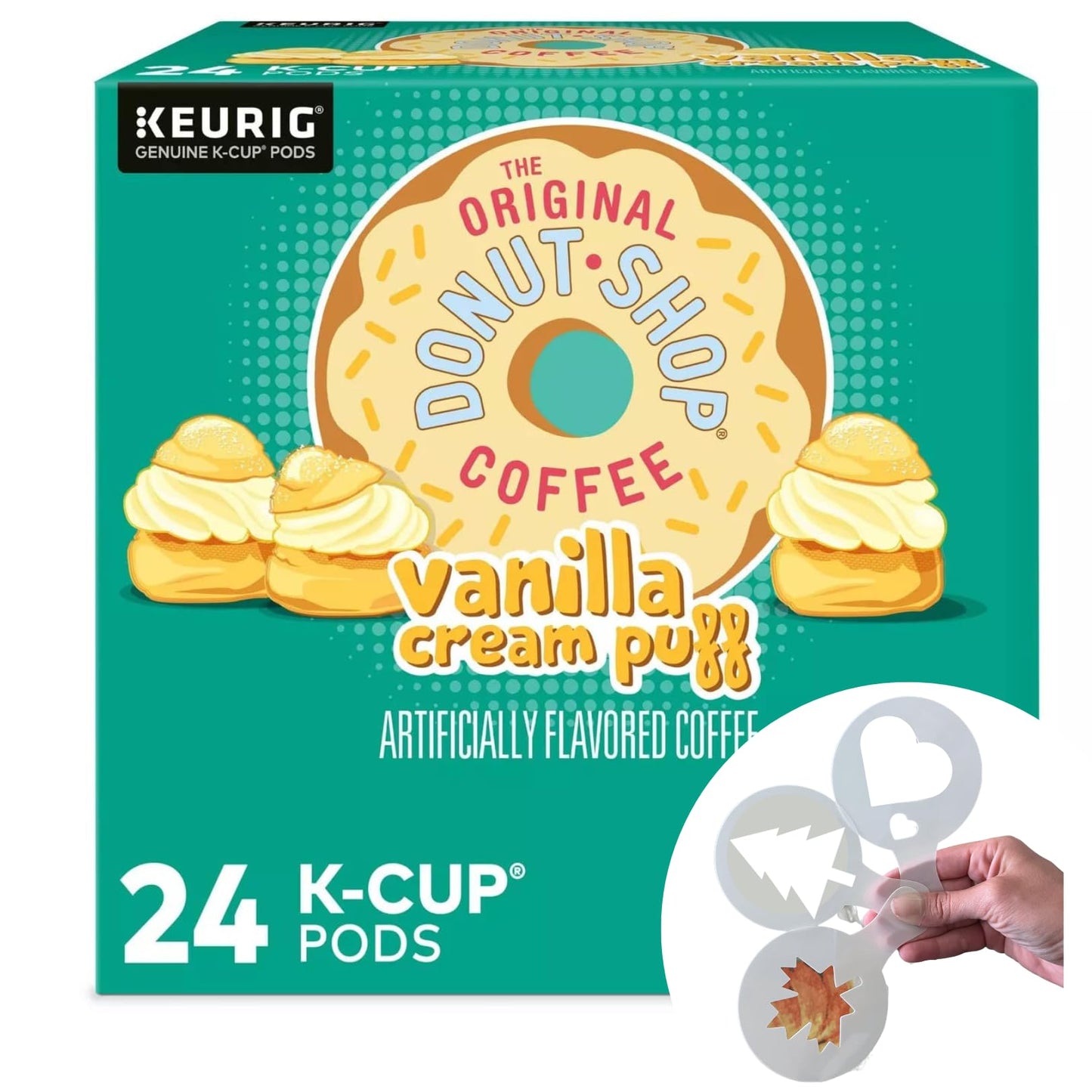 Donut Shop Coffee K-Cup Vanilla Cream Puff Flavored Pods & Bonus coffee stencils - Medium Roast Single-Serve K Cup for Keurig Brewers, 1 box 24 count (ct) pods + Bonus coffee stencils latte art