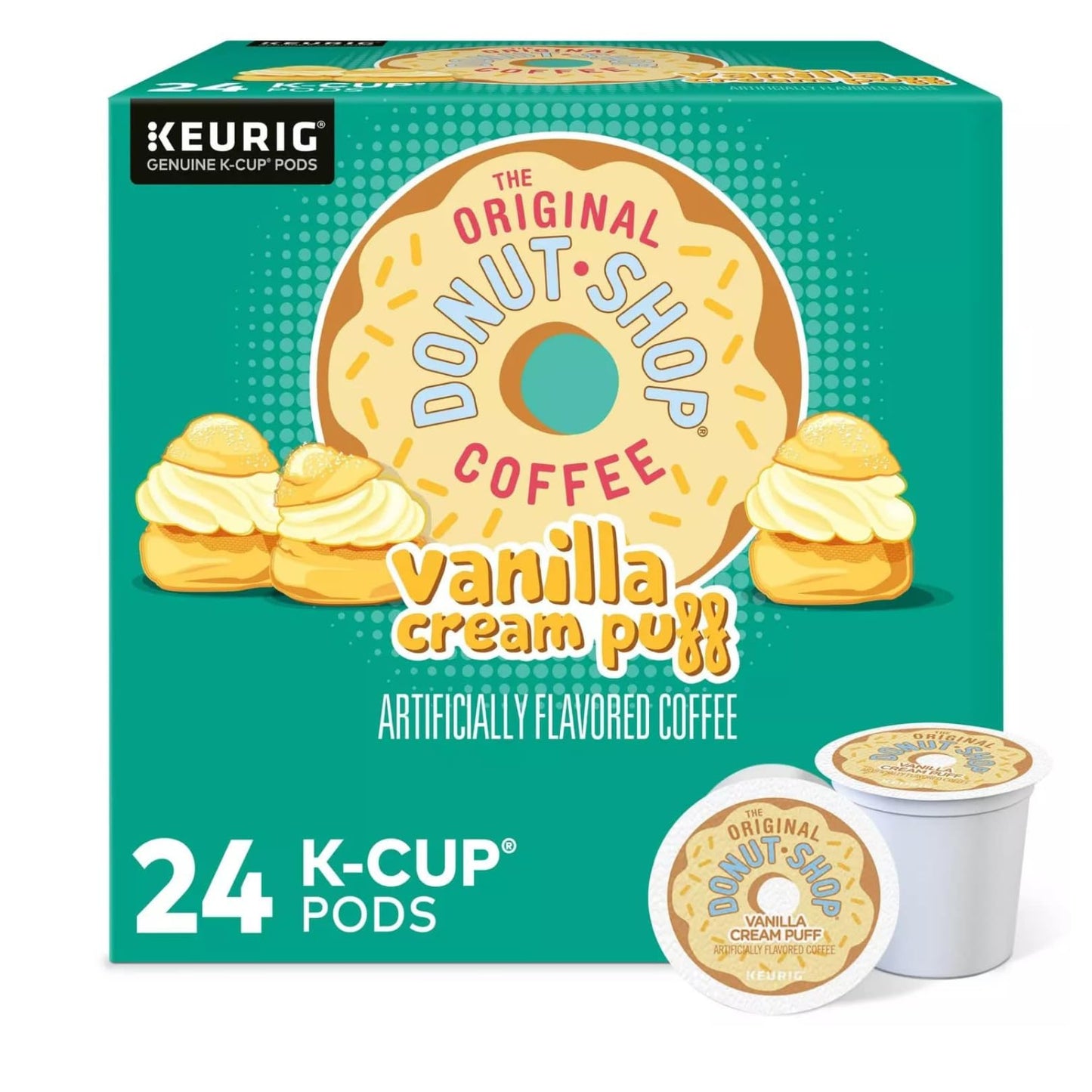 Donut Shop Coffee K-Cup Vanilla Cream Puff Flavored Pods & Bonus coffee stencils - Medium Roast Single-Serve K Cup for Keurig Brewers, 1 box 24 count (ct) pods + Bonus coffee stencils latte art