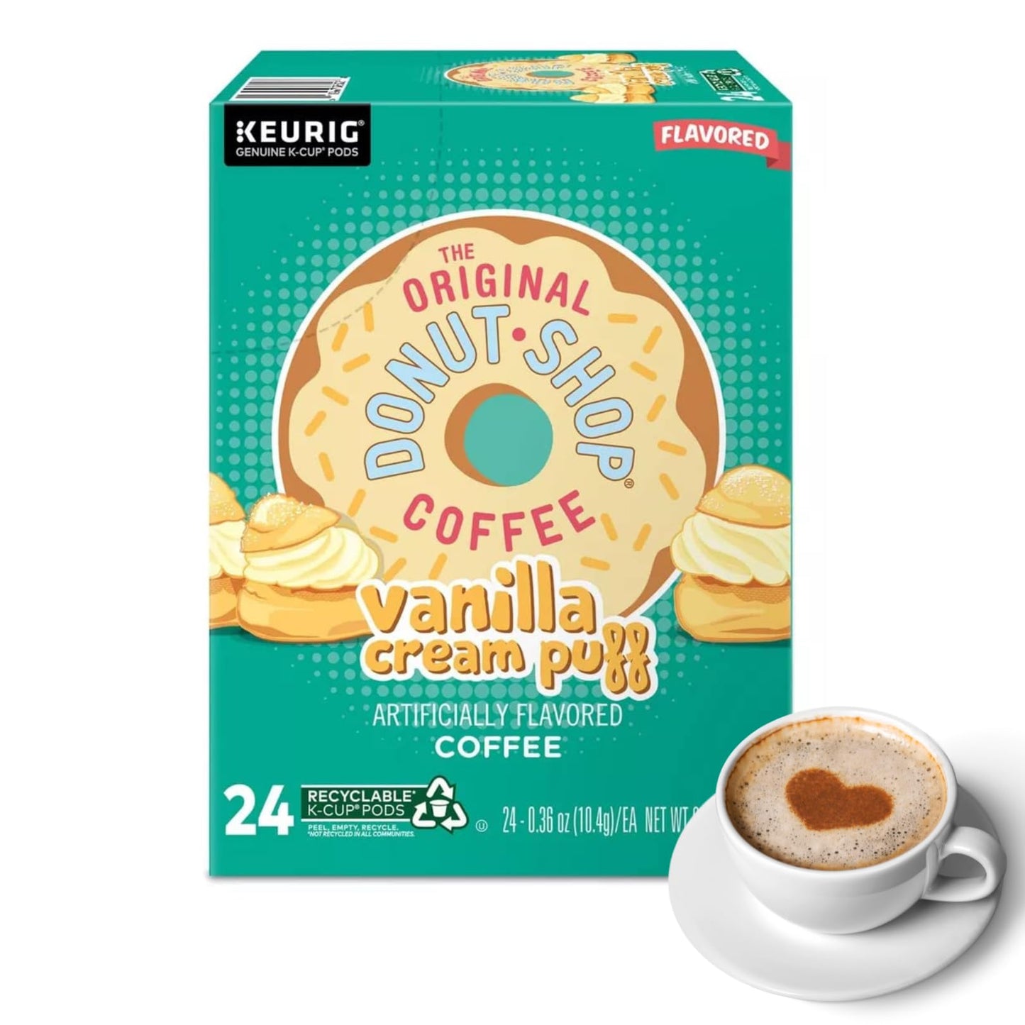 Donut Shop Coffee K-Cup Vanilla Cream Puff Flavored Pods & Bonus coffee stencils - Medium Roast Single-Serve K Cup for Keurig Brewers, 1 box 24 count (ct) pods + Bonus coffee stencils latte art